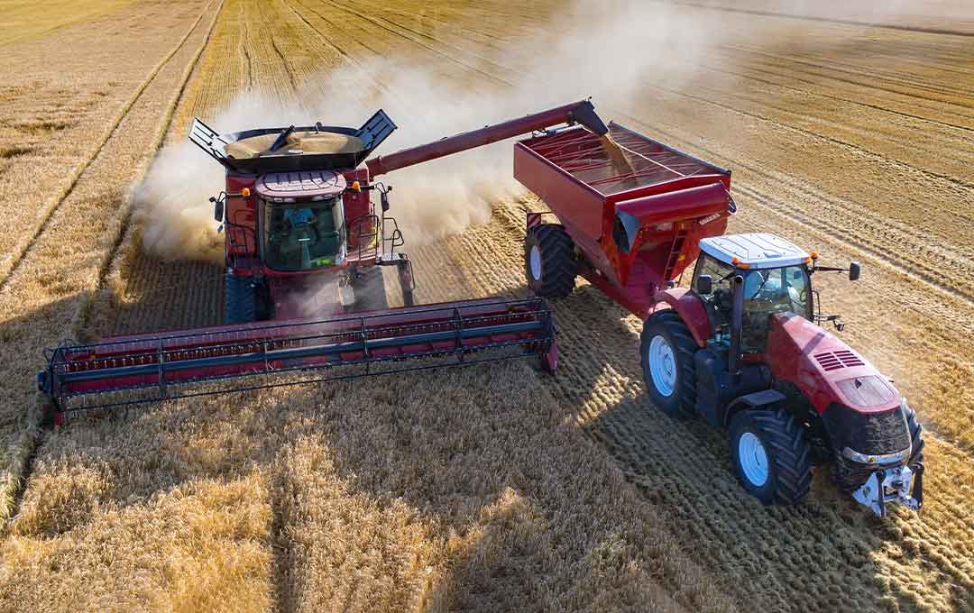 Red tractor harvesting golden wheat